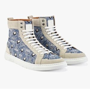 MCM Terrain Denim Vintage Jacquard Monogram Suede Hi Top Sneakers